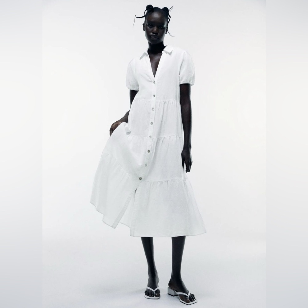 Zara tiered midi dress in white size XS cotton linen blend beach vacation
